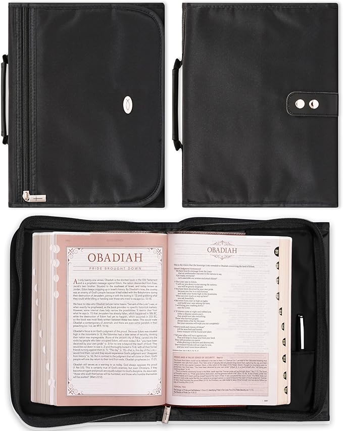 Christian Art Gifts Black Microfiber Bible Cover for Men and Women | Ichthus Jesus Fish Emblem | Extra Large Zippered Tri-Fold Organizer Case for Bible