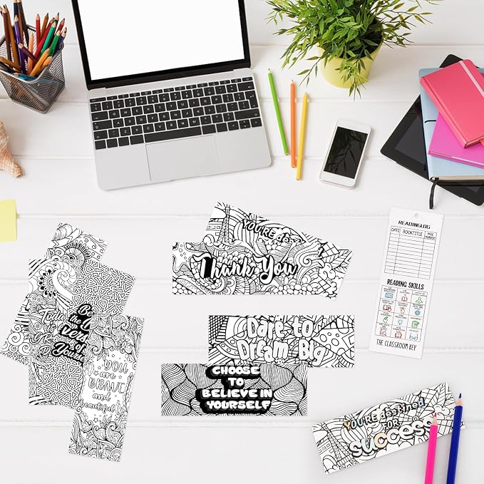 130 Pieces Inspirational Bookmarks for Kids, DIY Coloring Bookmarks Double-Sided Motivational Page Markers Clips for Kids Students Teachers Reading Book Lovers Supplies Party Favors