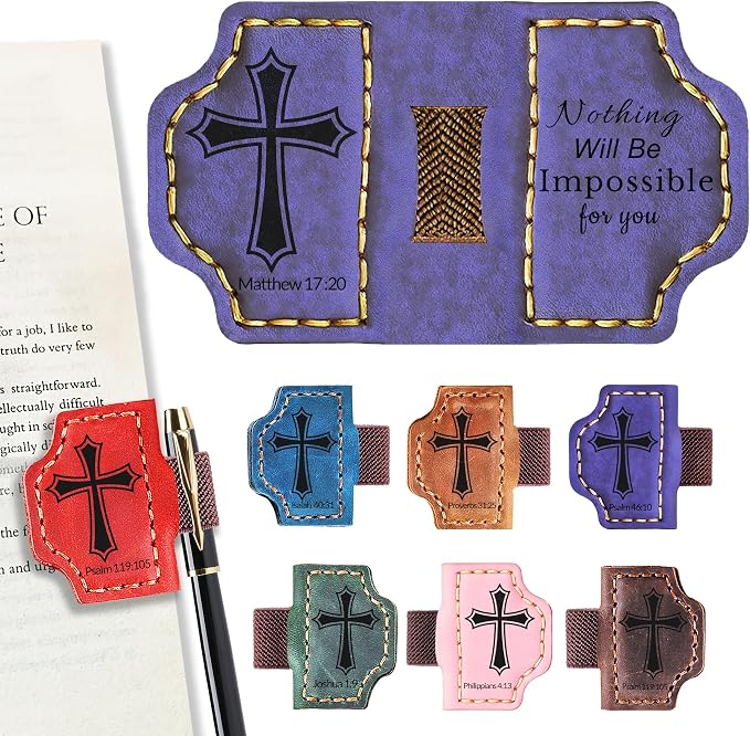 Personalized Magnetic Bookmark with Pen Holder, Bible Verse Scripture Design, Custom Leather Bookmark Bible Study Supplies for Women Men, Christian, Book Lovers Gifts (Purple, Matthew 17:20)