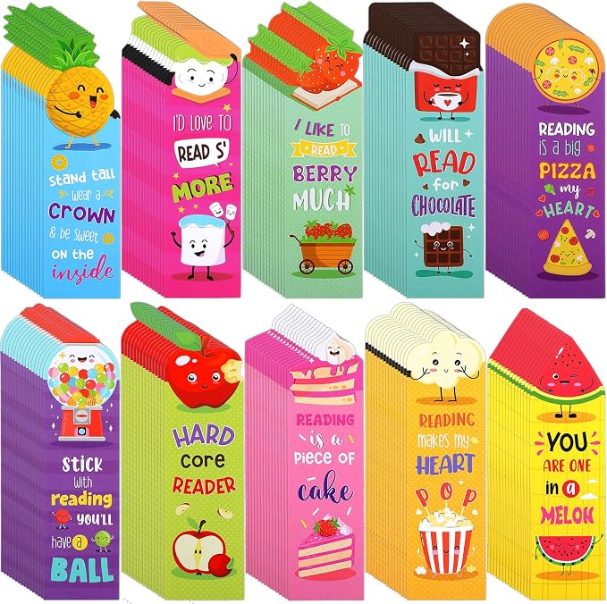 Eersida 150 Pieces Scratch and Sniff Scented Bookmarks Kids Fruit Food Theme Sayings Bookmarks Sayings Assorted Cute Scented Gifts for Students Teens Food Lovers, 10 Styles