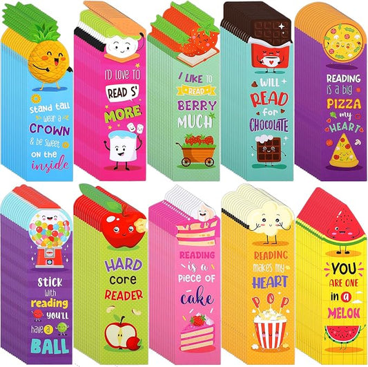 Eersida 150 Pieces Scratch and Sniff Scented Bookmarks Kids Fruit Food Theme Sayings Bookmarks Sayings Assorted Cute Scented Gifts for Students Teens Food Lovers, 10 Styles
