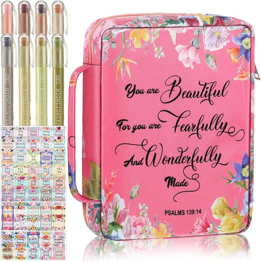 Yaomiao Bible Cover Case for Women Girls Large Bible Bag with Flowers Printing Carrying Case with Handle, 8 Pens, 90 Tabs Cover Bag Portable with Bookmarks for Study Christian Gift(Delicate Style)