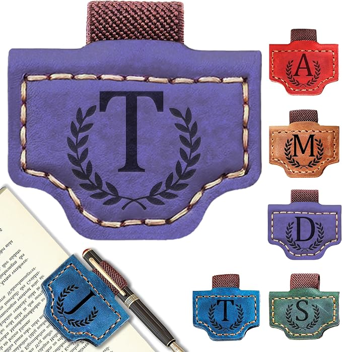 Personalized Leather Magnetic Bookmark with Pen Holder, Bookmark 26 Letters Name Initial Bookmarks for Readers, Book Lover Gifts for Women Men Notebook Accessories (Purple, T)