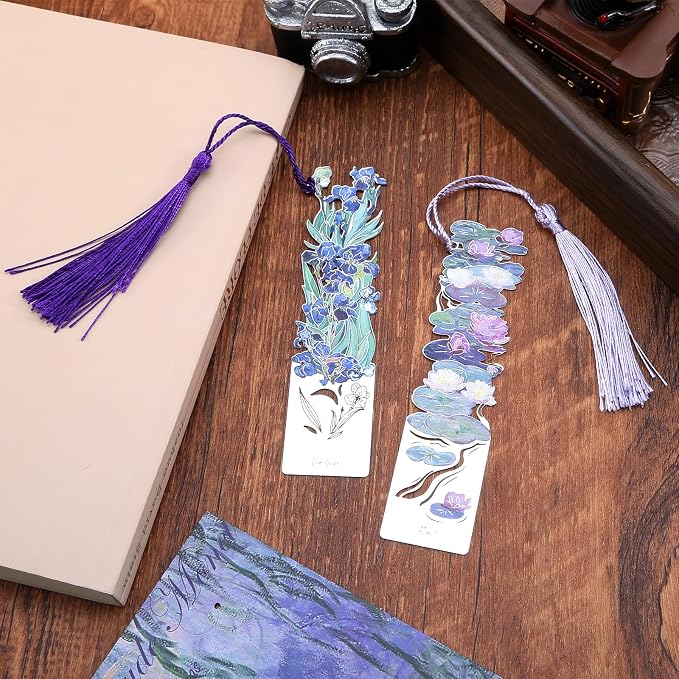2 Metal Bookmarks with Tassel, Oil Painting Water Lilies and Irises