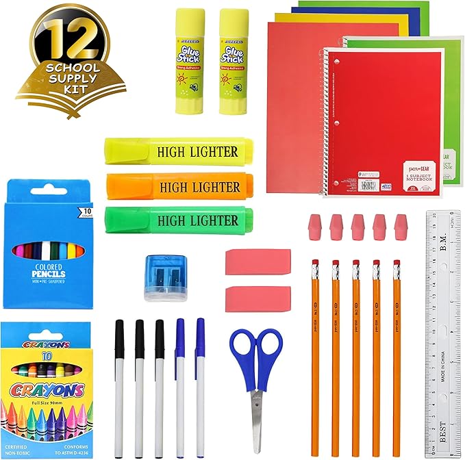 Moda West 52 Piece Bulk School Supplies Kits - Pens, Pencils, Crayons, and More - Value Pack of 12 Kits - Essential Box of School Supplies for Elementary, Middle, and High School Students
