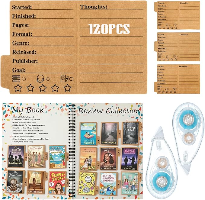 Glenmal 120 Pcs Mini Book Review Bookmarks Reading Journal File Log Page with 2 Pcs Double Sided Correction Tape Reading List Bookmark for Book Lovers Bookish Bookworms Student Gift (Cowhide Color)