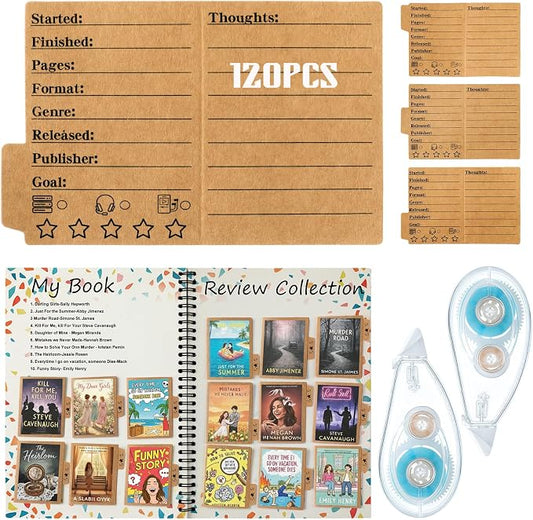 Glenmal 120 Pcs Mini Book Review Bookmarks Reading Journal File Log Page with 2 Pcs Double Sided Correction Tape Reading List Bookmark for Book Lovers Bookish Bookworms Student Gift (Cowhide Color)