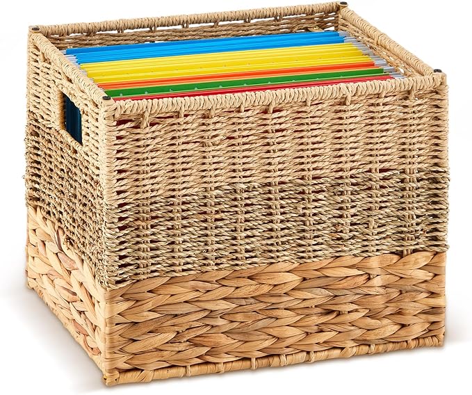 Jingmore Hanging File Box, Various Materials Collapsible Woven File Organizer for Letter Size Files, Portable Decorative Storage Basket with Handles for Home Office Decor