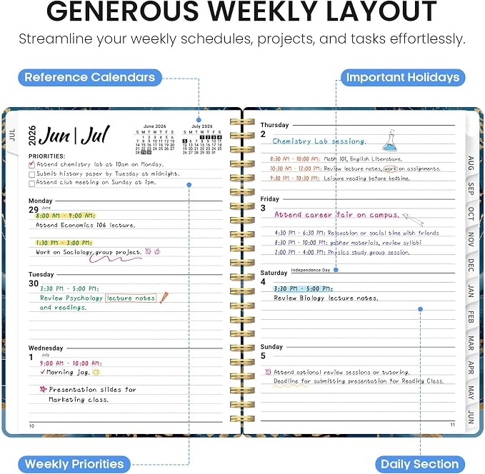 Planner 2026–2027, Weekly & Monthly Academic Organizer for School Year, Jul 2026–Jun 2027, Hardcover Planner with Tabs, Back to School Essential, 6.3" x 8.5", Auric Cascade