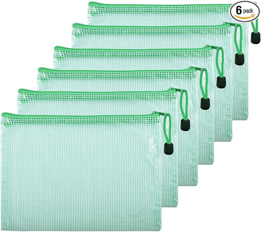 6 Pcs 9.25" x 6.69" A5 Sizes Mesh Zipper Pouch Bags, Mesh Bags with Zipper，Waterproof Clear document pouch for Organization Puzzles Travel, Office, Classroom Organization, A5 Green