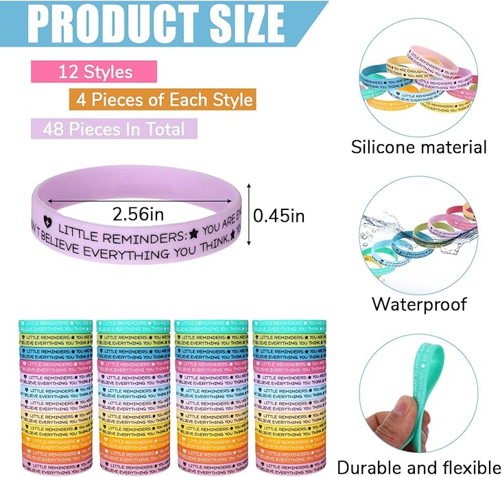 48 Pcs Mental Health Bracelets, Mental Health Awareness Items Motivational Bracelets Inspirational Stretch Silicone Wristbands Counseling Therapy Gift Positive Gifts for Teens Men Women