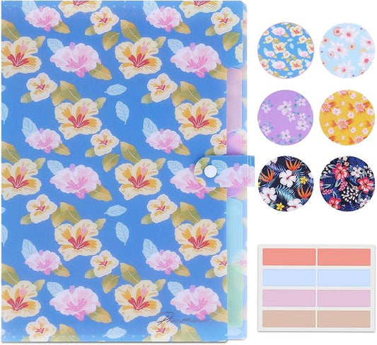 Flower Series Expanding File Folder, Vintage Floral Elegant Funky Cute Retro Document Organizer for Document Arrangement - Blue Floral