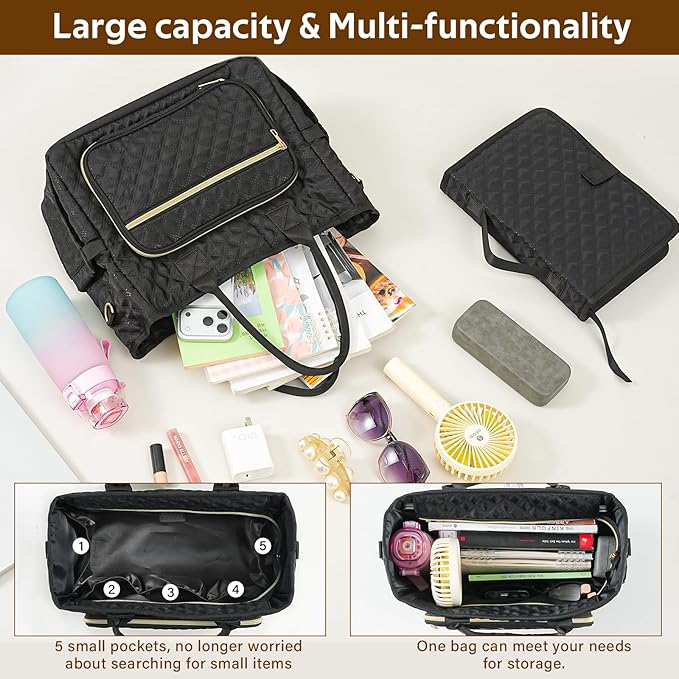 Large Bible Bag with Bible Cover for Women,Church Tote Bag with Shoulder Strap,Waterproof Bible Study Supplies,Bible Accessories for Christian Gift,Quilted Tote Bag for Men/Women,Black
