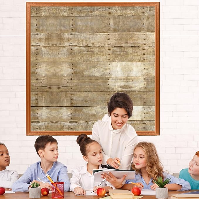 47×47In Fabric Bulletin Board Decoration for Classroom Wood Grain Linen Bulletin Board Decor with 30 Double Sided Adhesive Brown Wood Boards Rustic Background Art Craft for School Education Supplies
