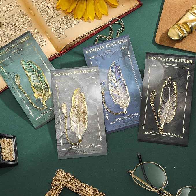 4 Pieces Metal Feather Bookmarks with Chain, Birthday Gifts Book Mark Bookmarks for Book Lovers Writers Readers Children Teens Men Women Adults Teacher
