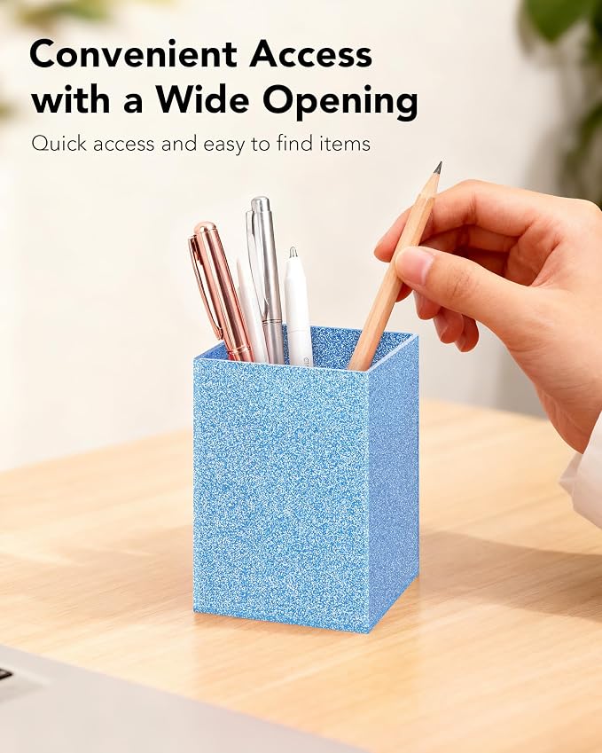 Blue Glitter Acrylic Pen Holder, Acrylic Makeup Brush Storage Organizer, Pencil Pen Holder for Desk, Modern Desktop Accessories for Office School Home Supplies