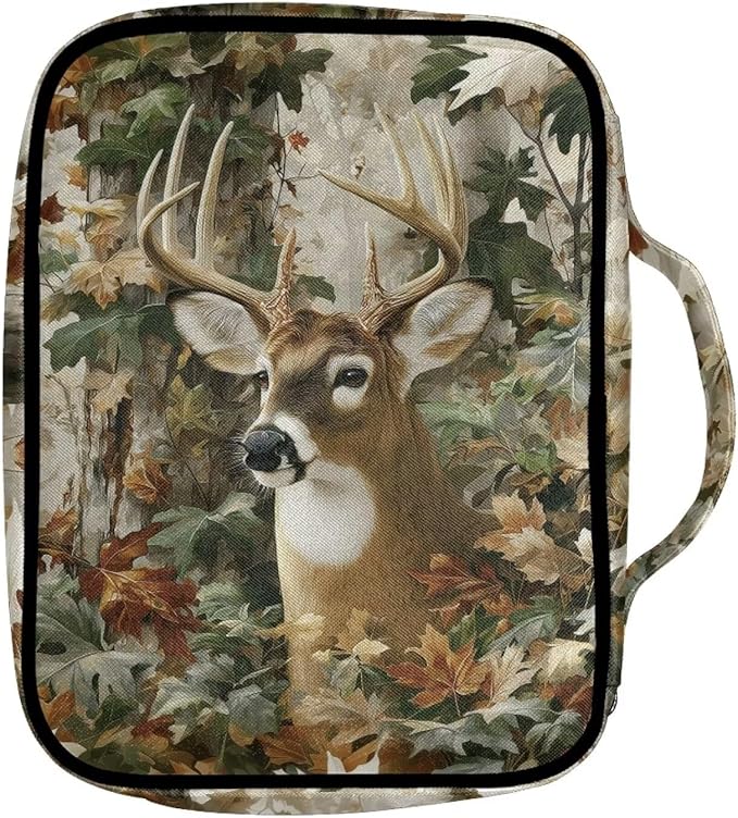 Suobstales Deer Hunting Camo Print Bible Covers for Women Men Lightweight Bible Bag Bible Accessories with Handle and Zippered Pocket Bible Tote Bag for Kids