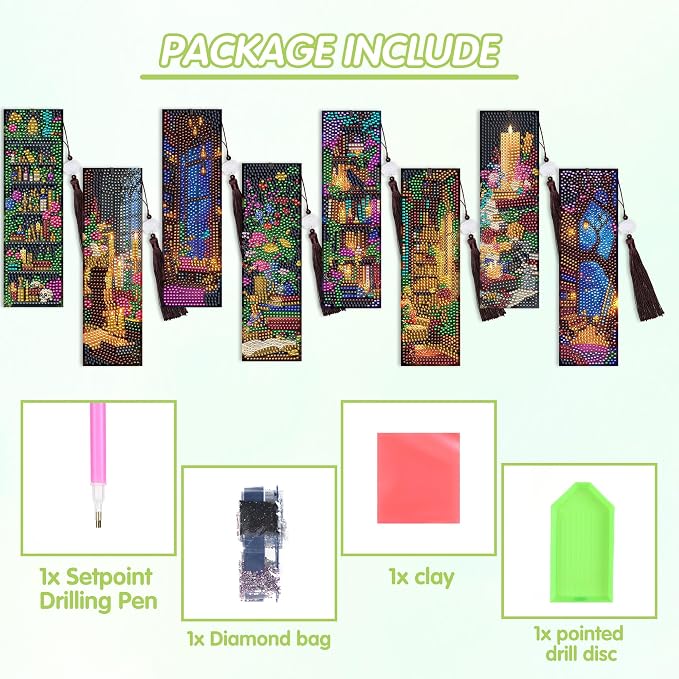 Dark Academia Diamond Art Bookmarks, 8 Pcs Enchanted Library Fantasy Diamond Painting Bookmark Kits for Adults, DIY Crafts Book Marks with Tassels for Reading Women Book Lover Gifts