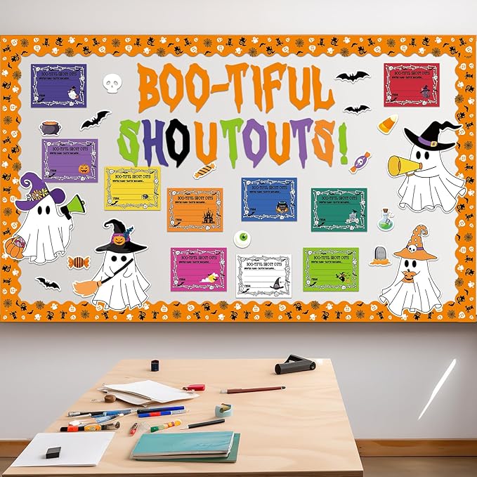 Epakh 87 Pcs Halloween Ghost Staff Shout Out Bulletin Board Set Boo-Tiful Ghost Pumpkin Shout Out Cutouts Appreciation and Recognition DIY Craft for Halloween School Classroom Office Door Wall Decor