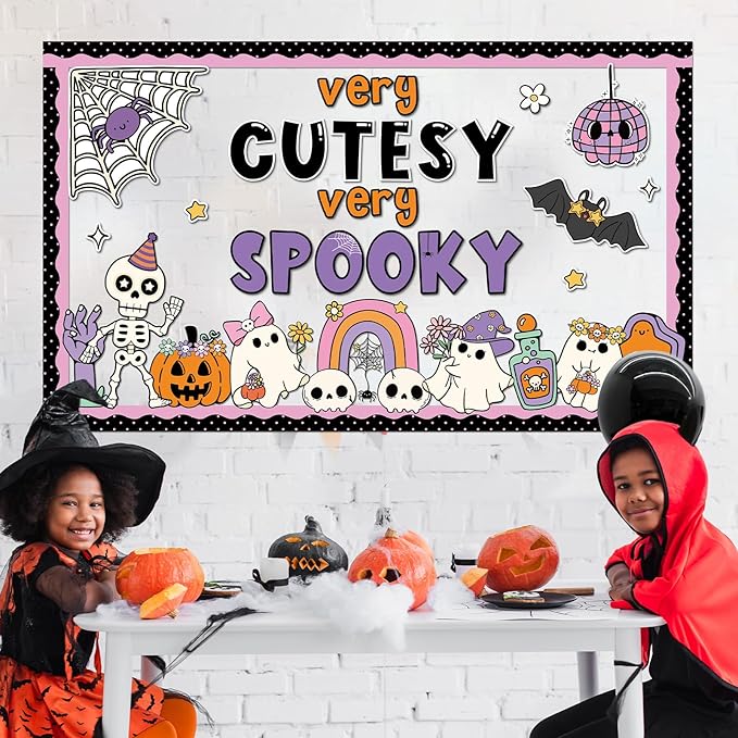Halloween Bulletin Board Decorations Cute Ghost Paper Cutouts Very Cutesy Very Spooky Bulletin Board Set Pumpkin Spider Bat Party Supplies for Halloween School Chalkboard Wall Window Decoration Favor