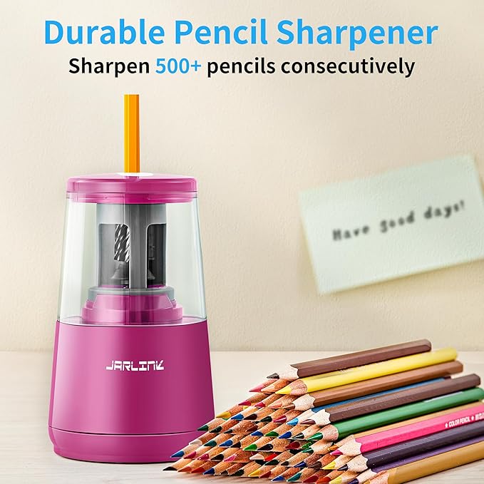 JARLINK Electric Pencil Sharpener, Heavy-Duty Helical Blade to Fast Sharpen, Auto Stop for No.2/Colored Pencils(6-8mm), AC Adapter/Battery Operated in School Classroom/Office/Home (Pink)