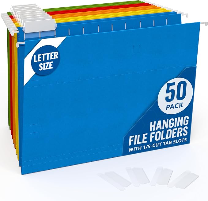 50 Pack Hanging File Folders Letter Size 8.5 x 11 - Colored File Folders Hanging with 1/5-cut Tabs - File Cabinet Folders - Letter Size Hanging File Folder Bulk - Hanging Folders for Filing Cabinet