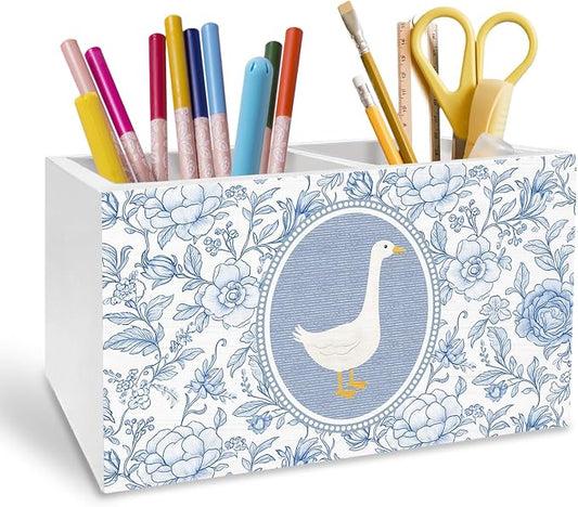 Blue Chinoiserie Floral Goose Pen Holder for Desk, Goose Lover Gifts Pencil Organizer, Vintage Blue and White Flower Wooden Box Sign Desk Decor for Nursery Home Office Decoration