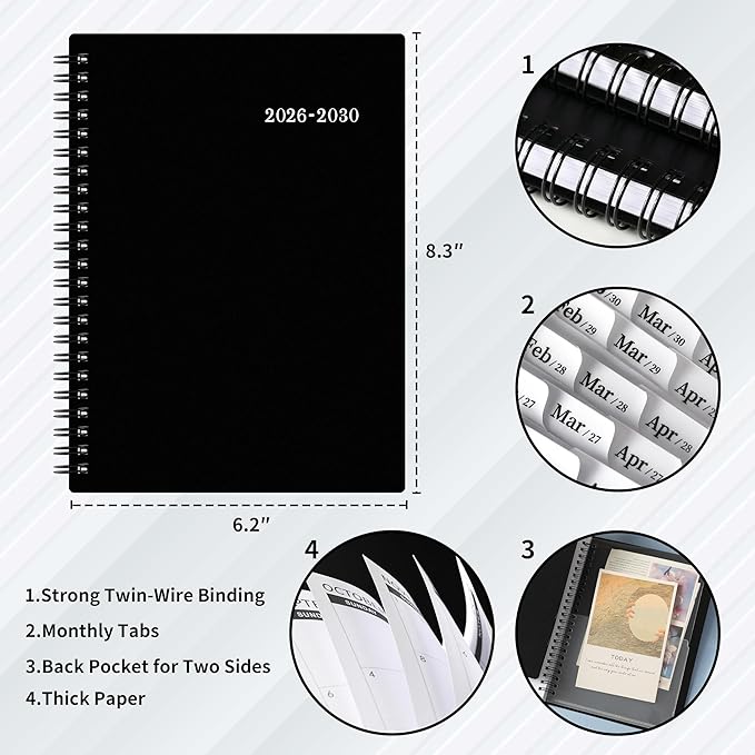 2026-2030 Monthly Planner/Calendar - Jan. 2026 - Dec. 2030, Monthly Planner, 5 Year, 6.2" x 8.3", Multi Year Calendar 2026-2030 with Twin-Wire Binding, Tabs, Storage Pocket - Black