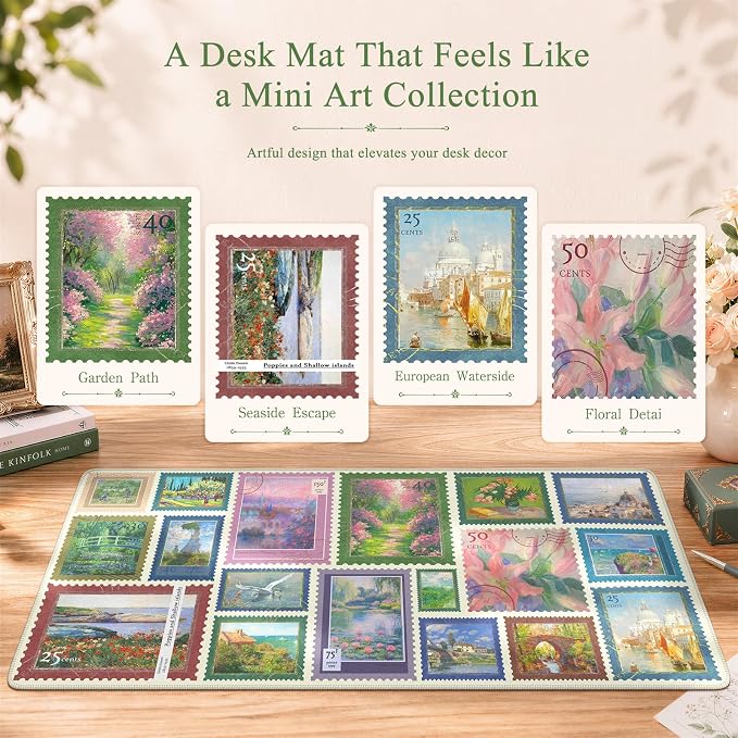 iCasso Vintage Art Desk Protector Mat, XXL Mouse Pad,Desk Matt for Desktop, Anti-Slip Big Mousepad with Stitched Edges for Aesthetic Office Decor(Sage Green)