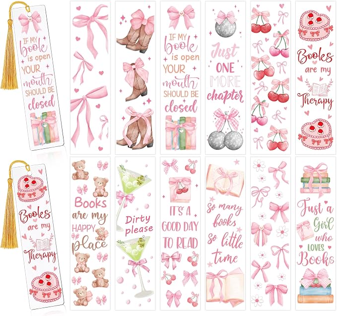 UV DTF Bookmark Wraps - 24 Sheets Conquette Acrylic Bookmark Blanks Sticker, Bow UV DTF Transfer Stickers, Books Bear Cherries Design for Book Lover DIY Projects
