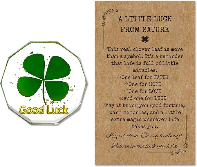 Real Four Leaf Clover Good Luck Pocket Token, Preserved Flower Resin Charm Gold Silver Foil, Real Clover for Wallet, Purse, Bag (Diamond Good Luck)