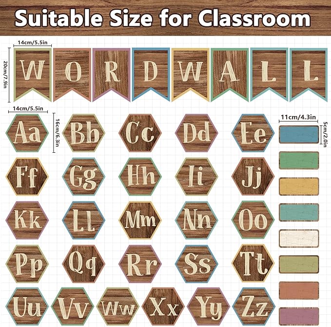 Word Wall Classroom Bulletin Board Set Classroom Alphabet Letters for Wall Alphabet Classroom Decoration Supplies for Home Preschool Primary School Wall Decor （Wood Grain