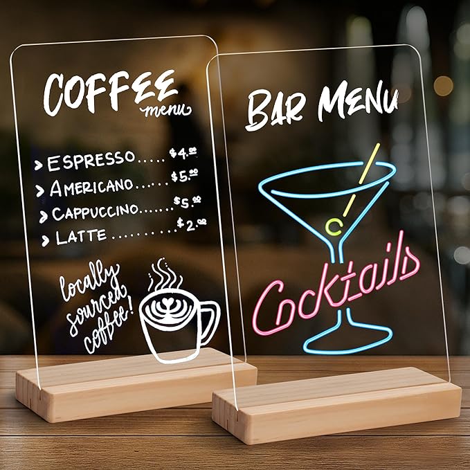 SELEAD Acrylic Clear Board Bar Signs - 2 Pack 8x12 Inch Words Sign Board with Wooden Stand, Tabletop Double-Sided Menu Message Note Board for Business, Bistro, Events