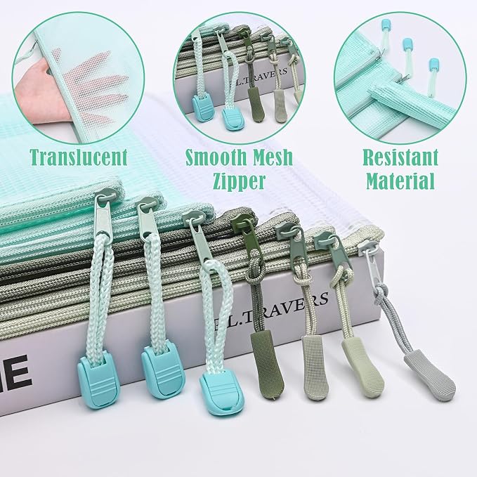 BAYTORY 18Pcs Mesh Zipper Pouch Bags, Clear Waterproof Document Bag, Assorted Color File Pockets, Large Capacity Plastic File Jackets, Multipurpose for Travel School Office and Home (Green)