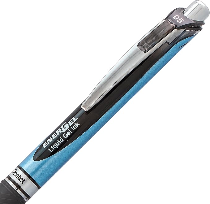 Pentel® EnerGel™ Deluxe RTX Retractable Liquid Gel Pens, Fine Point, 0.5 mm, 54% Recycled, Blue Barrel, Black Ink, Pack Of 12 Pens
