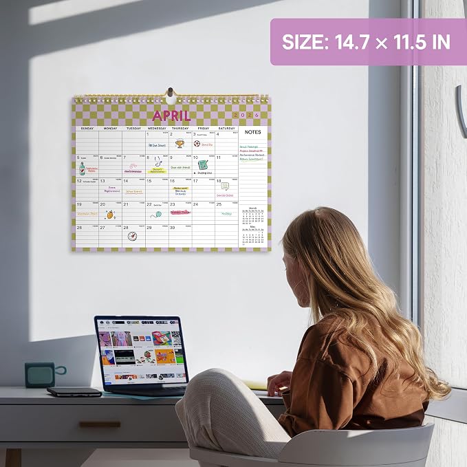 Calendar 2026-2027, Monthly Wall Calendar Runs Until June 2027, 11.5" x 14.8", Spiral Binding Hanging Wall Calendar, Perfect for Home or Office,Checkered