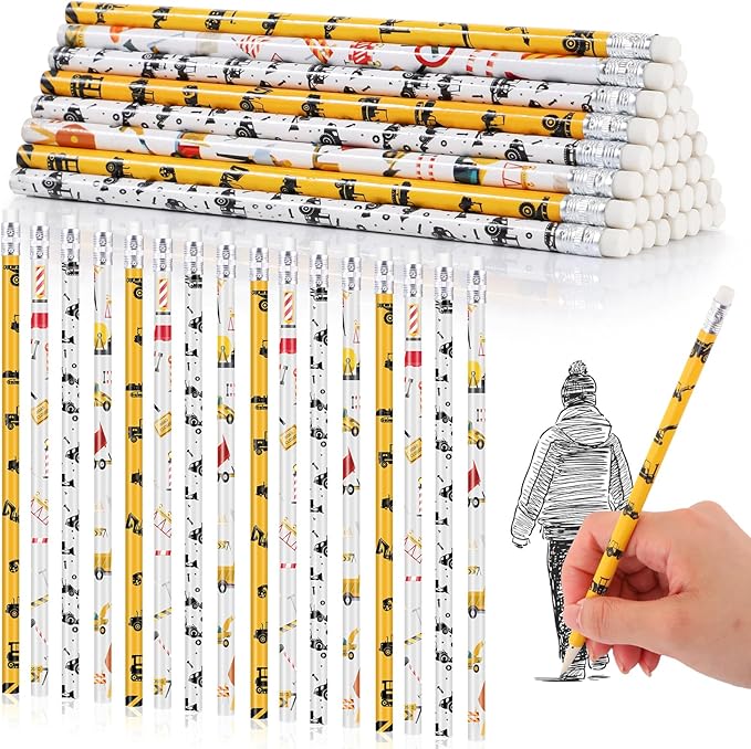 Teling 48 Pcs Construction Party Favors Fun Pencils in Bulk with Eraser for Theme Birthday Supplies Wooden Number 2 Graphite Pencils for Students Back to School Gifts Classroom Birthday Supplies