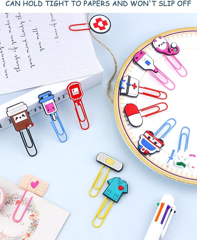 15 Pcs Cute Bookmark Paper Clips Cartoon Silicone Bookmarks with Colorful Paperclips for Girls Student Stationery Nursing Student Essentials