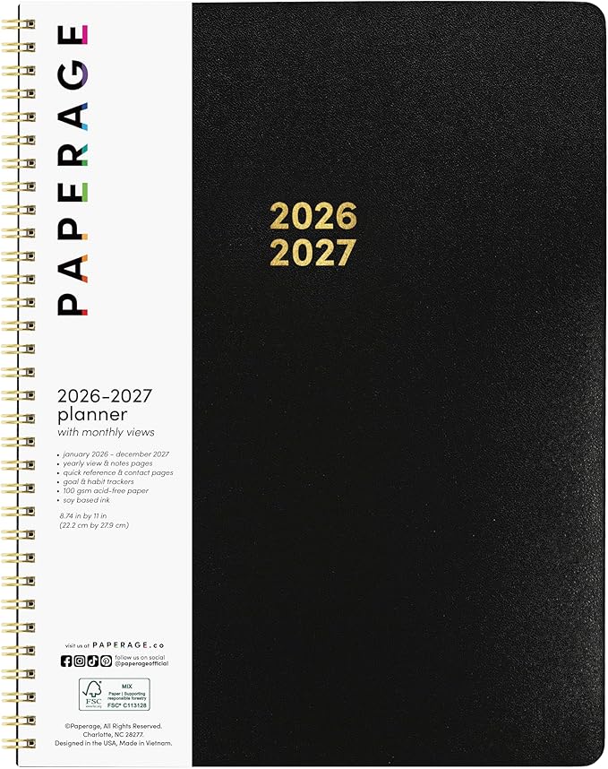 PAPERAGE 2 Year Monthly & Yearly Planner, 24 Months (January 2026 - December 2027), 8.5 in x 11 in, Spiral Bound 2026-2027 Planner with Monthly & Yearly Views, Note Pages & Trackers - Black