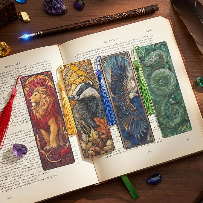 4 Pcs Stained Glass Animal Bookmarks for Women Men, Magic Transparent PVC Bookmark with Tassels, Fantasy Reader Gift, Cool Book Marks Accessories for Reading Lovers Bookish
