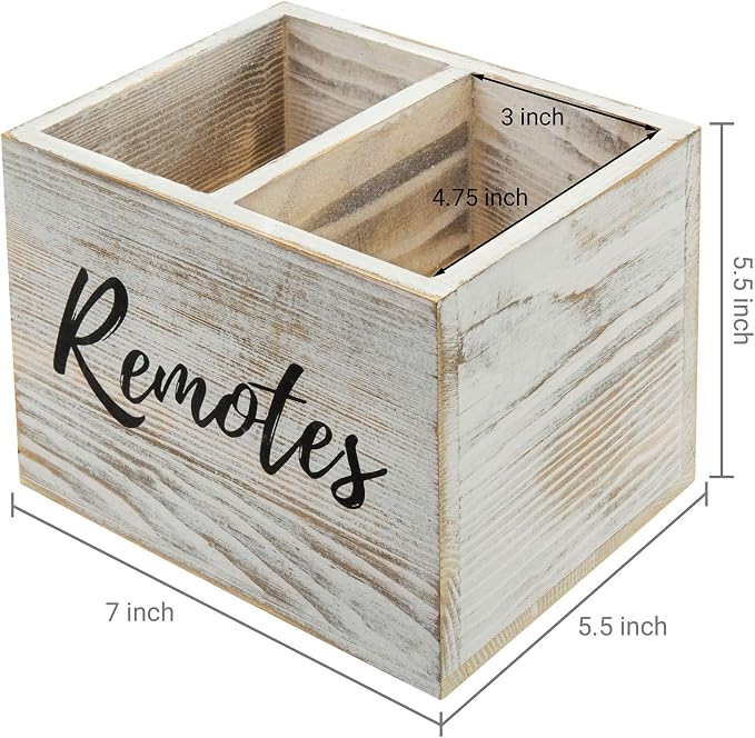 MyGift Remote Control Holder,TV Remote Holder,Wood Remote Caddy for Table,2 Large Compartment,Shabby Whitewashed Solid Wood with Black Cursive Remotes Label
