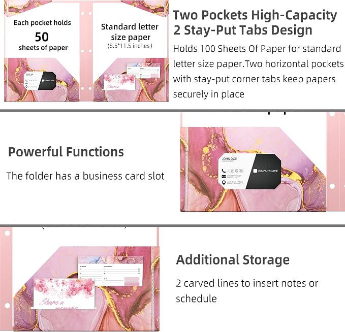 Ospelelf Folders with Pockets, Waterproof Plastic Folder with Two Fixed Corner Tabs and 2 Pockets Includes Business Card Slot, Includes Sticker, Fits 3 Ring Binder Holds 11" x 8.5", 6-Pack