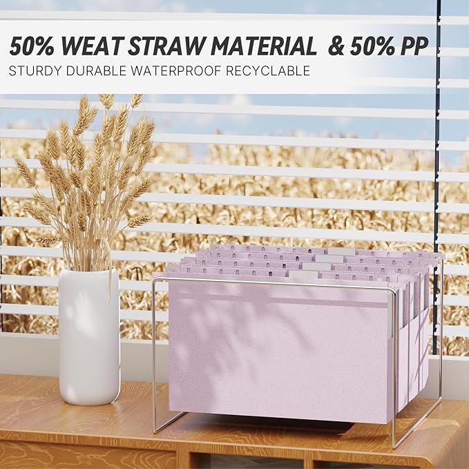 XINGIA Extra Capacity Wheat Straw Legal Size Hanging File Folders, 2" Expansion Heavy Duty File Organizer with Tabs,12 Pack Plastic Filing Cabinet Folders,Hang Folder for Bulky Files(Morandi Purple)