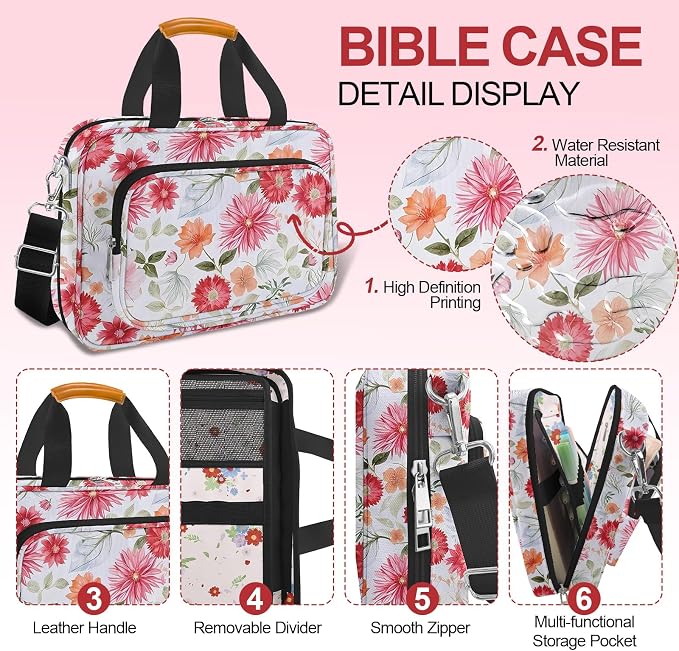 Bible Cover for Women,Bible Carrier,Vintage Floral Flowers Large Bible Bags For Women,Bible Study Supplies for women,Journaling Kit Book Carrying Case Christian Gifts with Bible Highlighters ,Pen,Tabs