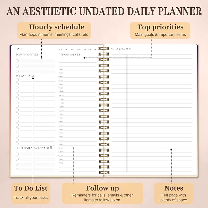 Undated Daily Planner Notebook, 80-Day To Do List Organizer with Hourly Schedule, Day on a Page Agenda Journal for Work, Life Tasks, Women and Men