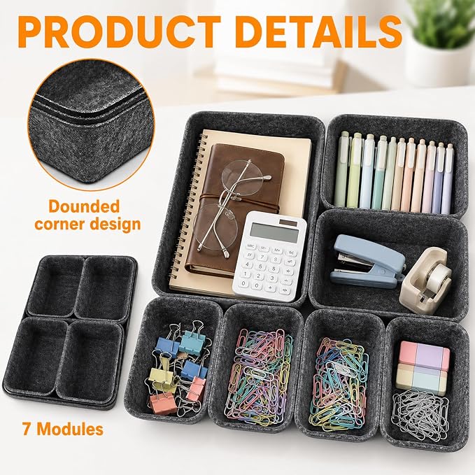 7 Pack Drawer Organizer Compatible with Ikea Alex Drawer Unit, Felt Desk and Makeup Drawer Organizers, Soft Storage Bins for Office, Vanity, Bedroom, and Dresser Shallow Drawers