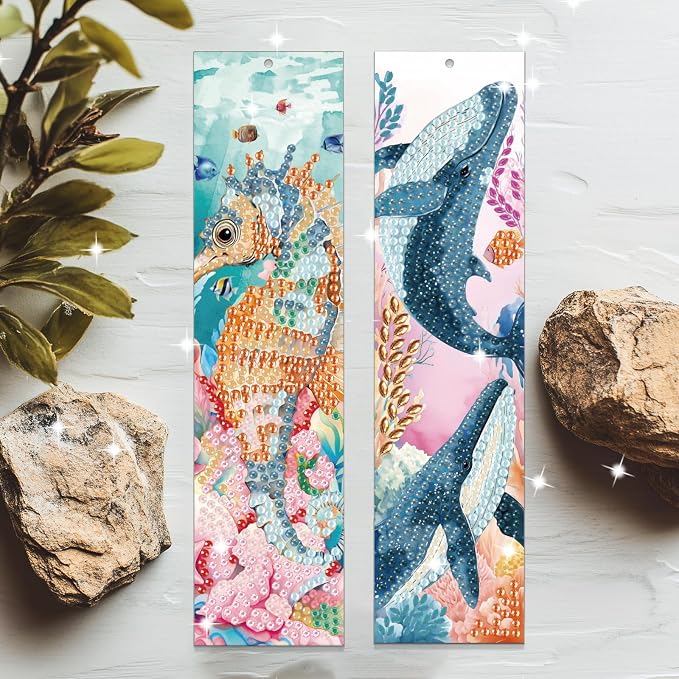 6Pcs Marine Animals 5D Diamond Art Bookmarks Turtle Dolphin Whale Diamond DIY Painting Bookmarks Rhinestones Beaded Acrylic Tassel Bookmark for Adult Beginner Crafts