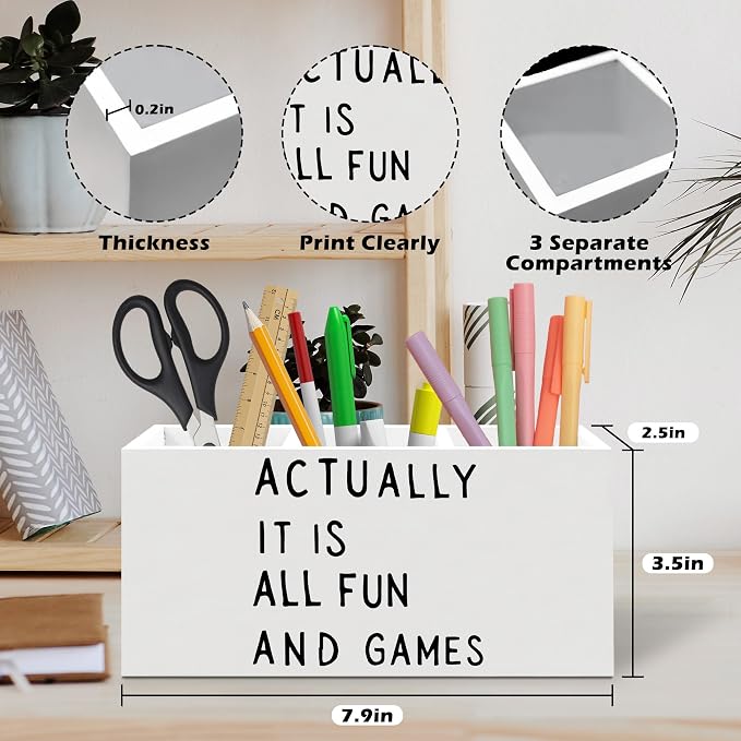 Funny Pen Holder, Actually It Is All Fun and Games Funny Office Pen Pencil Holder Organizer for Desk Accessories, Trendy Minimalist Wooden Box Desk Decor for Home Office Desk Decorations