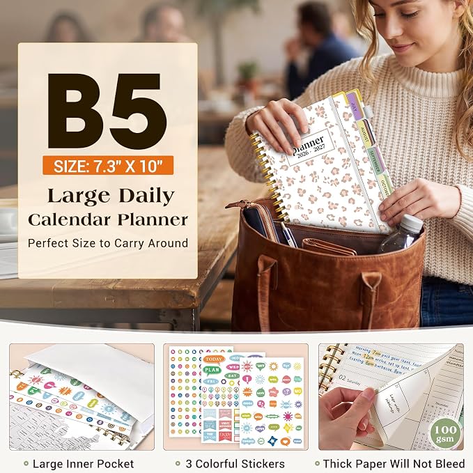 Academic Planner 2026-2027, 18 Months Weekly and Monthly Calendar Planner from July 2026 - December 2027, 7.3" x 10" B5 Large Hardcover Agenda Organizer Book with Tabs, Yearly Daily Planners for School Work Student Teacher, White Leopard