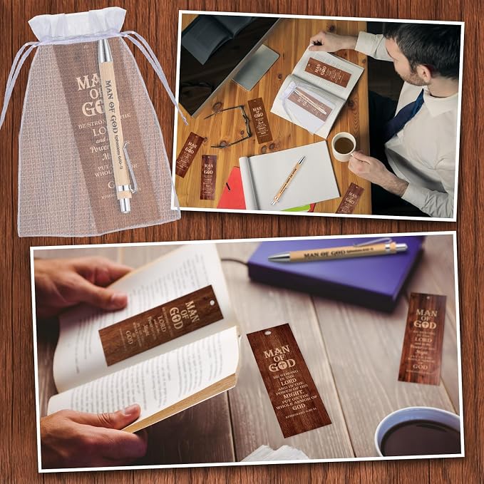 Dispowreath 24 Pcs/12 Sets Man of God Gift, Include 12 Man of God Ephesians 6: 10-11 Bookmark 12 Bible Verse Bamboo Ballpoint Pen for Men Church Prizes Party Favors